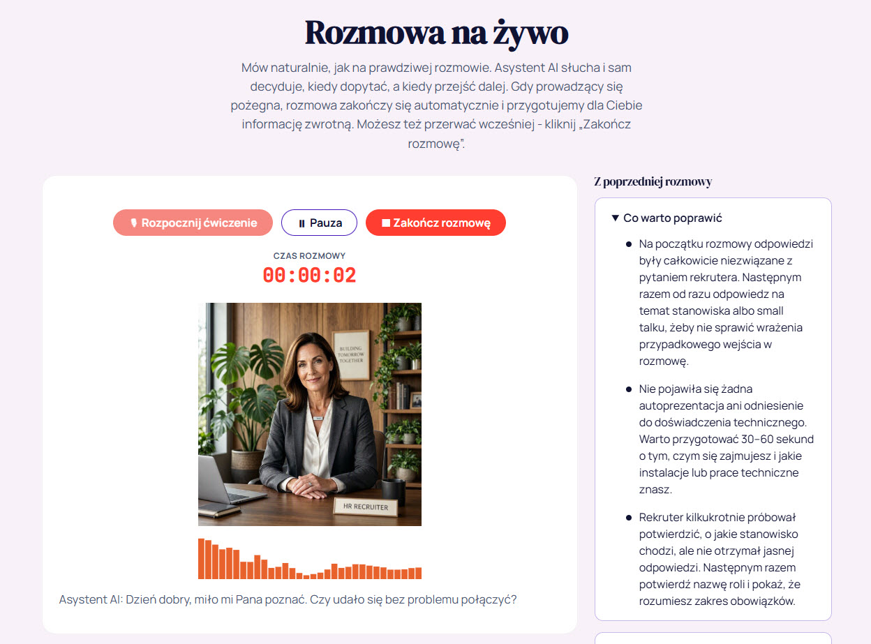 Ekran symulacji rozmowy na żywo z licznikiem czasu